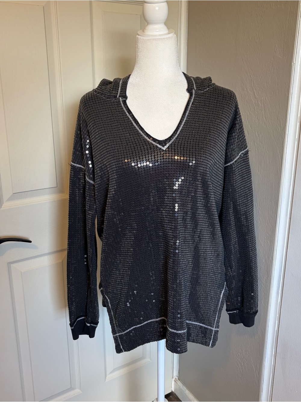 Anthropologie Black Sequin Waffle-Knit V-Neck Hoodie